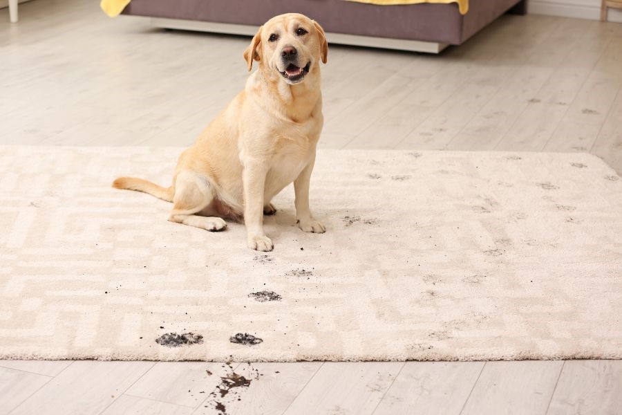 chien au pattes salles sur le tapis